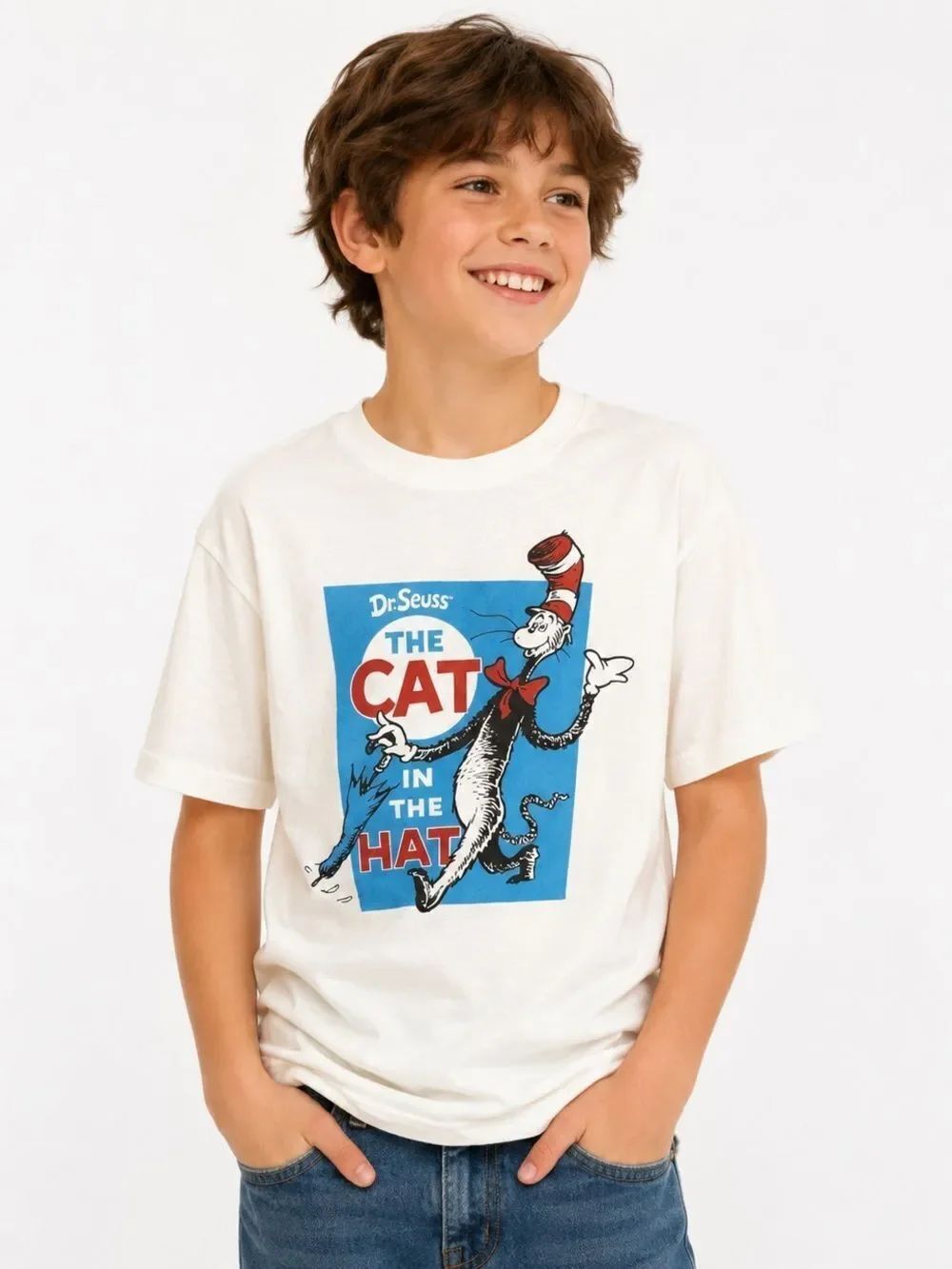 Dr. Seuss Cat in the Hat Unisex Kids Graphic Tee White Short Sleeve Size Large